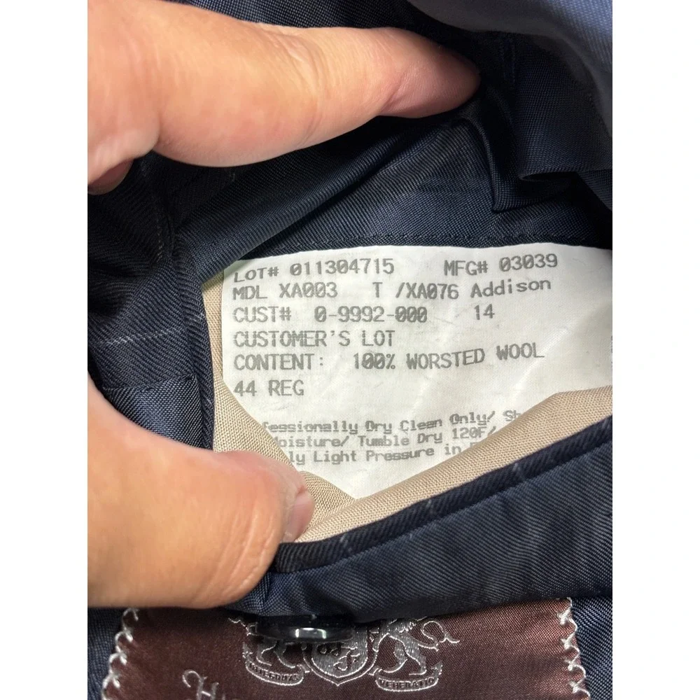 Hickey Freeman x Loro Piana Pinstripe Suit Navy Wool Mens 44R W36 L27 USA